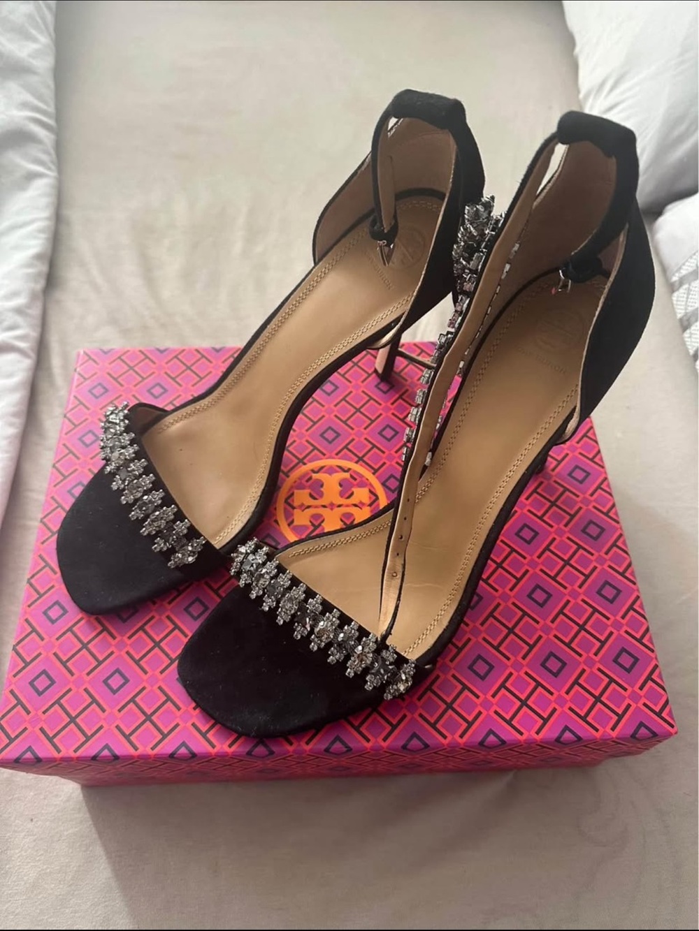 Tory Burch Black Crystal-Trim Suede Ankle-Strap Heels